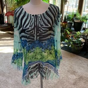 Mushbaby Sienna Rose Blue, Green, Black printed top- Sz Med